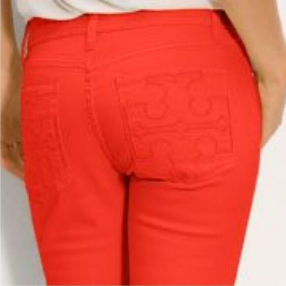 Tory Burch Large Logo Stitch Back Pocket Crop Jeans 31 Orange - Picture 1 of 8